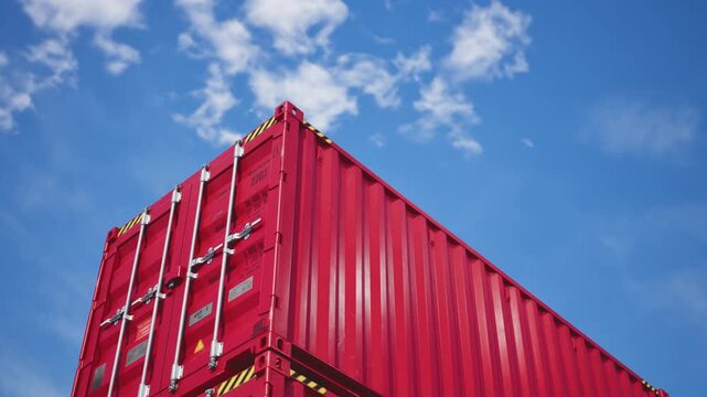Red cargo container against clear blue sky. global logistics concept. 3d animation. timelapse.