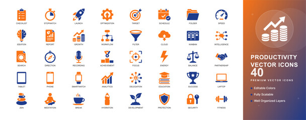 Naklejka premium Productivity vector icon set. Featuring task goal setting, checklist efficiency, planning performance, and time management. Editable vector glyphs for productivity applications and planning.