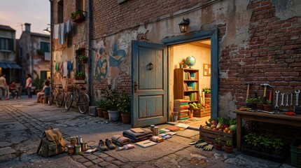 Obraz premium Cozy illuminated storefront at twilight welcoming community members in peaceful historical old town street setting