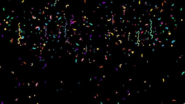Colorful confetti and streamers in various shapes and vibrant hues fall against a dark background, creating a festive and celebratory atmosphere.