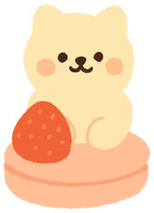 Fototapeta premium Cute White Cat Sitting on Strawberry Macaron Flat Vector Illustration