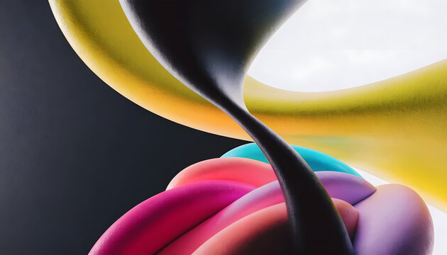 Dynamic twisted 3D tube ribbons with curved flow. Vibrant abstract modern art and background. Multi-colored smooth glossy geometric shapes intertwining together