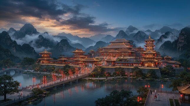 Grand traditional Chinese palace lit up at dusk with misty mountains and stone bridge