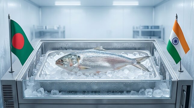 Fresh hilsa fish resting on ice inside modern stainless steel freezer display with Bangladesh and India flags for commercial food setting