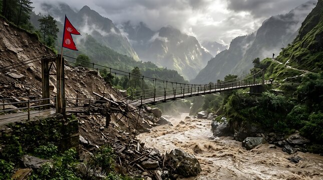 Destroyed wooden suspension bridge over raging brown river in deep valley with Nepal flag fluttering in the wind for disaster concept