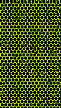 Neon Yellow Hexagonal Grid Pattern with Flickering Dark Grunge Texture Overlay