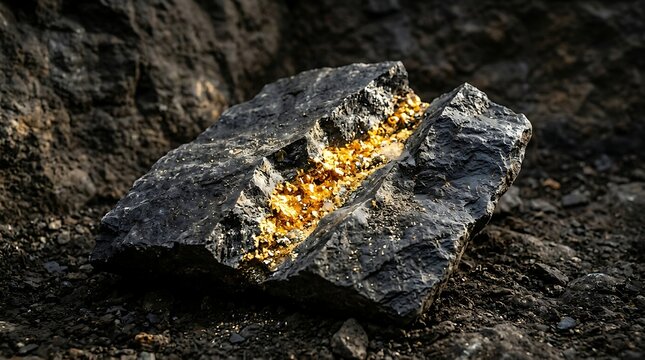 Raw dark rock with thick glowing golden vein running through center on dark ground