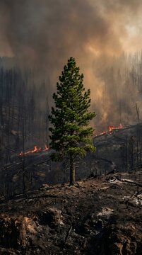 Single evergreen pine tree standing resilient in center of burnt forest landscape after intense wildfire