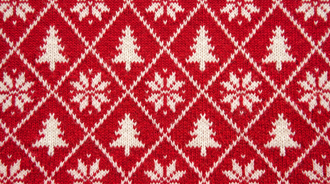 Festive red and white knitted fabric pattern featuring traditional christmas trees and snowflake geometric diamond shapes