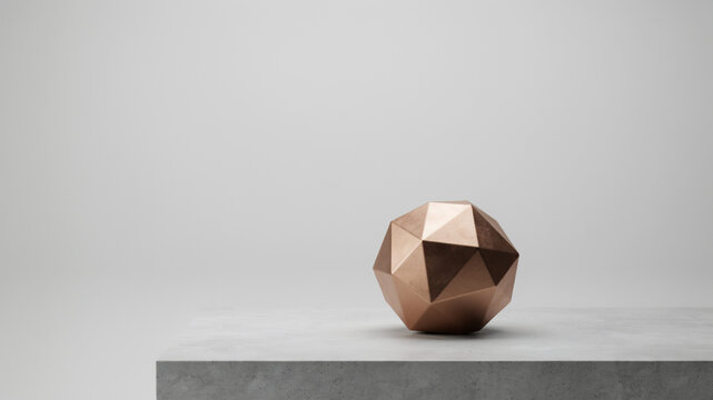 Bronze faceted geometric sphere on a concrete ledge with a light gray background
