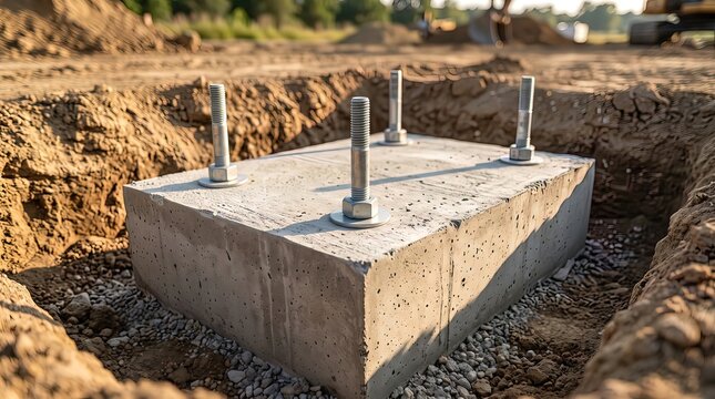 A concrete foundation block with four metal anchor bolts installed in a dirt pit at a construction site with loose soil and gravel in the background