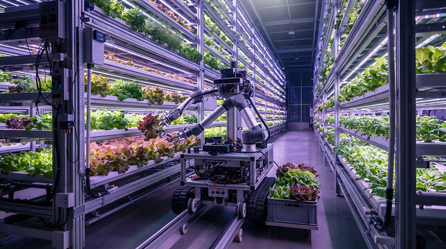Automated robot harvesting vegetables in modern indoor farm