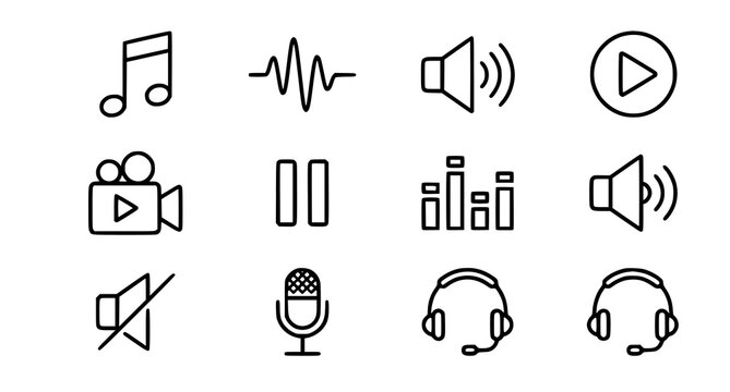 Audio Button Thin Line Icon Set &ndash; Music, Speaker, Play, Volume, Microphone and Headset Vector