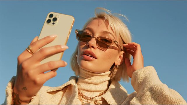 Stylish young blonde woman using a smartphone outdoors in warm golden sunlight, fashionable lifestyle portrait with sunglasses, modern mobile technology and clear blue sky