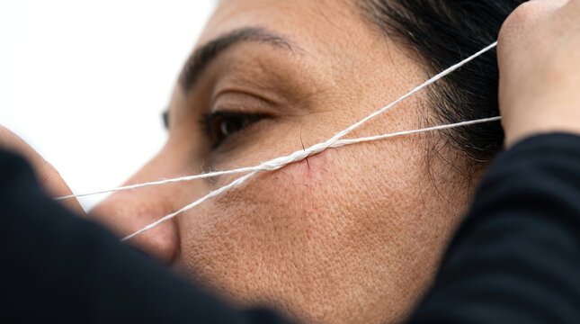Traditional Facial Threading Technique Removing Hair from Woman Cheek
