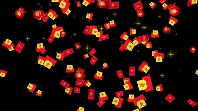 Red envelopes with golden patterns and shimmering sparkles descend gracefully against a deep black background, symbolizing prosperity and good fortune for festive occasions.