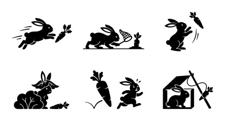 Fototapeta premium Vector Rabbit Icons: Playful Bunny Actions, Carrot Chase, Catching & Trapped Scenes, Black Silhouette Graphics for Easter, Spring, and Animal Themes