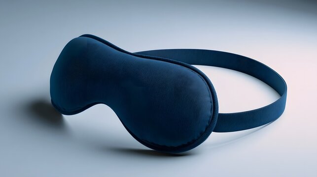 A dark blue contoured sleep mask with elastic strap resting on a smooth gradient surface under soft lighting