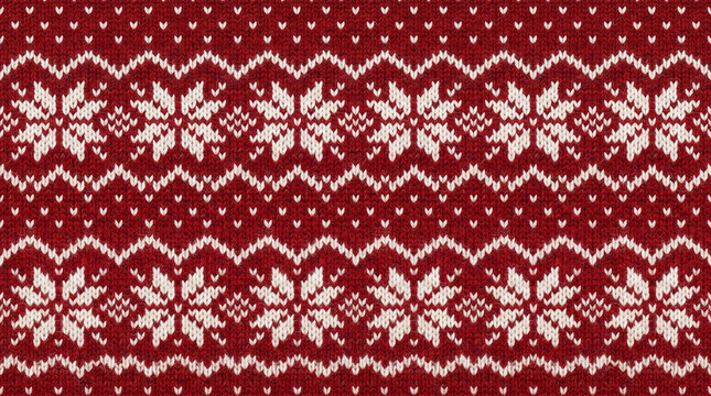 Nordic snowflake pattern knitted fabric with red and white geometric winter motifs for festive decoration