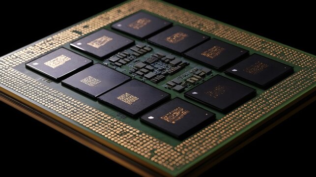 Close up of a multi die chiplet package with gold plated contacts and intricate circuitry on a green substrate
