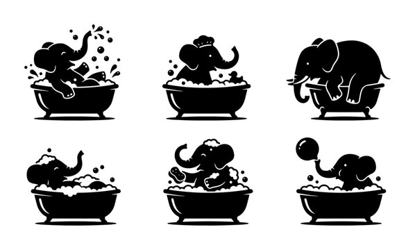 Cute Elephant Bathing Vector Icons Set, Playful Animal Bathtub Illustrations, Fun Hygiene Graphics, Black and White Silhouette Collection