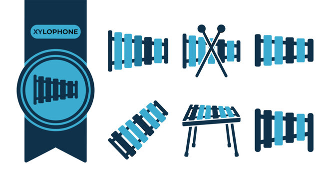 Xylophone Icons, Six Colorful Flat Vector Icons, Editable EPS Icon Set for UI, Web, Mobile App, Presentation, Print Design, Isolated on White Background