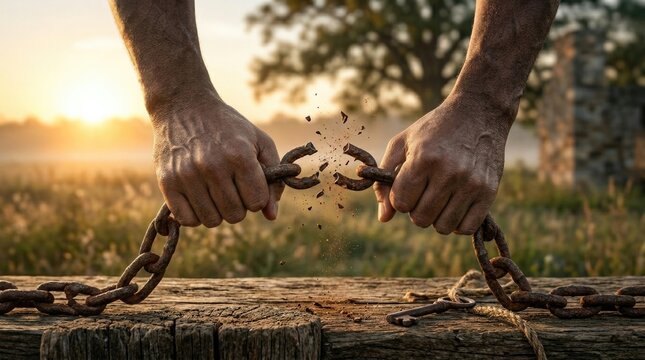 Slave hand snapping heavy iron chain, symbol representing freedom from historical slavery, human bondage ending with strength, rusted metal link shattered over old wooden plank during warm sunrise.
