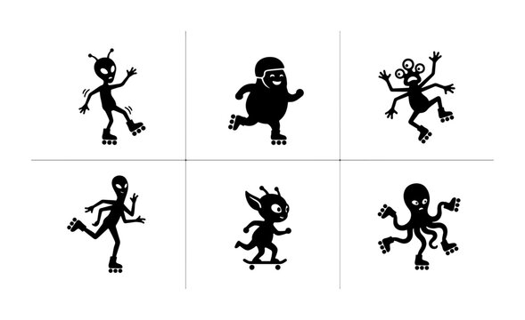 Whimsical Alien and Monster Icons, Silhouettes of Extraterrestrial Characters, Playful Sci-Fi Creatures, Vector Graphics for Fun Designs