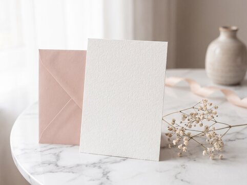 Elegant wedding invitation card mockup with pink envelope and dried flowers on marble table
