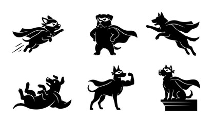 Fototapeta premium Superhero Dog Vector Icons Set, Brave Canine Characters in Action Poses, Dynamic Animal Silhouettes for Comics and Kids' Designs