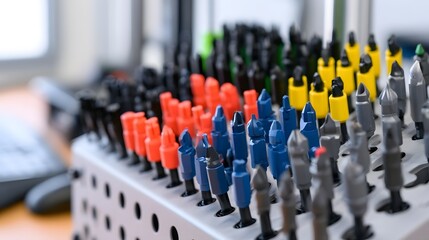 Fototapeta premium Organized storage rack holding colorful 3D printer nozzles in neat rows with shallow depth of field focus