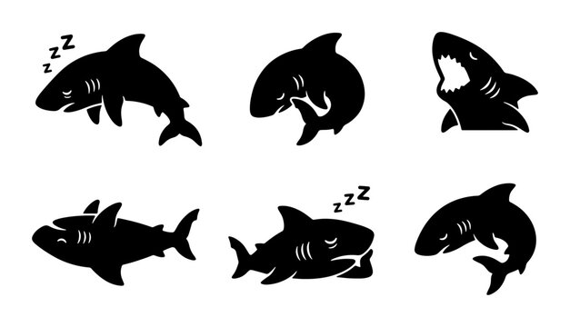 Set of Six Black Shark Silhouettes, Vector Icons, Marine Life, Ocean Predators, Cute & Fierce Poses, Underwater Creatures, Animal Graphics