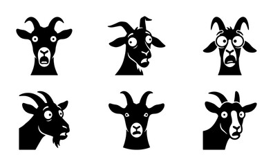 Obraz premium Goat Faces Vector Icons, Black and White Farm Animal Expressions, Cartoon Livestock Head Set, Funny Mammal Emotions Collection