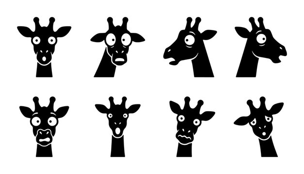 Set of 8 Black Giraffe Head Icons, Expressive Faces, Vector Illustrations for Wildlife and Safari Themes, Cute Animal Emoticons