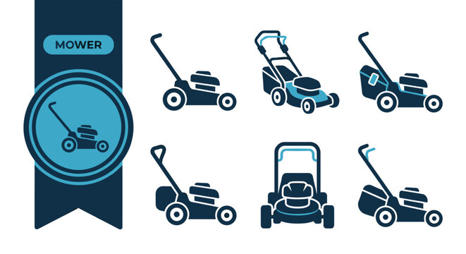 Lawn Mower Icon Pack, Six Flat Colorful Vector Icons, Editable EPS, Modern UI Icon Set for Web, App, Presentation, Print Design, Isolated on White Background