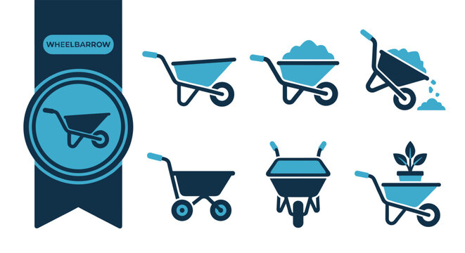 Wheelbarrow Icons, Six Colorful Flat Vector Icons, Editable EPS Icon Set for UI, Web, Mobile App, Presentation, Print Design, Isolated on White Background