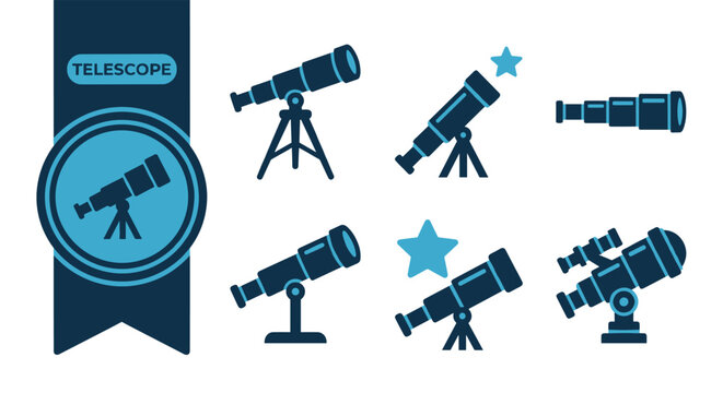 Telescope Icons Vector Set, Flat Colorful Icon Pack, Editable EPS, Modern Icons for Mobile App, Web, Marketing, Print Design, Isolated on White Background