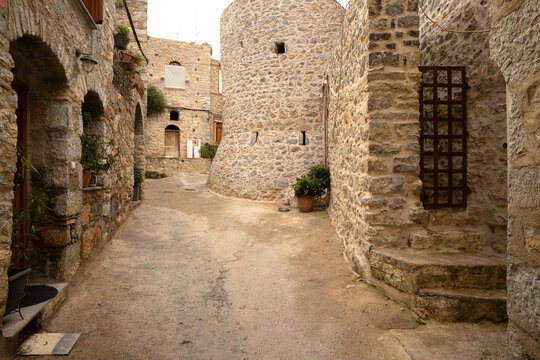 Medieval castle walls and labyrinth alleys in Mesta village, Chios