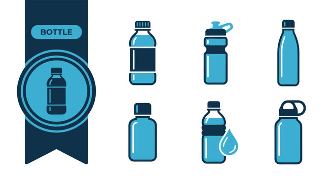 Water Bottle Icons, Flat Vector Icon Set, Editable EPS File, Colorful Modern Icon Collection for Mobile App, Website, UI, Isolated on White Background