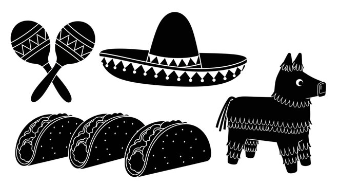 Mexican fiesta symbols with collection black white illustrations representing mexican culture culture with latin american pi ata traditional