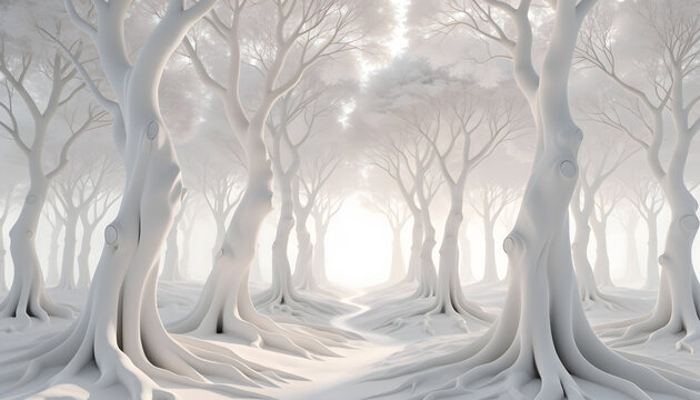 Minimalist surreal landscape of white trees with exposed root systems. Pure monochrome forest and ethereal fairytale environment. Smooth clay trees framing glowing light along a winding trail