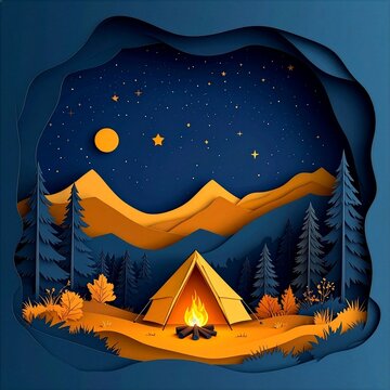 Night camping background with tent campfire and mountains in paper cut style