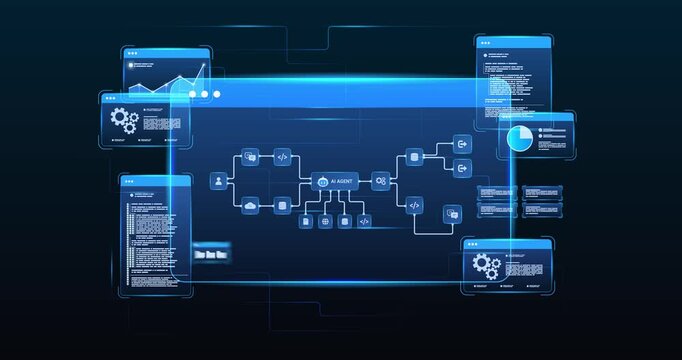 Futuristic AI automation workflow network diagram dashboard data flow process with automation pipelines, analytics dashboards, code modules and automation system, looped animation