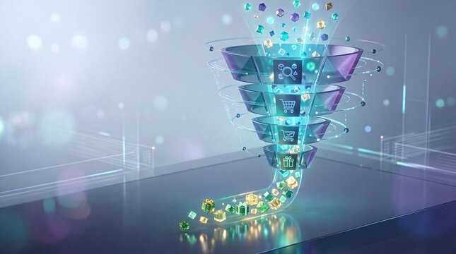 Digital data funnel processing information flow with holographic icons