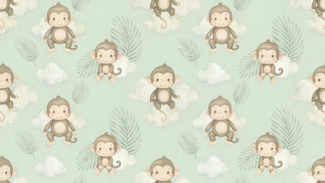 Cute monkey seamless pattern, watercolor baby animal illustration with clouds and palm leaves, pastel green background for nursery wallpaper