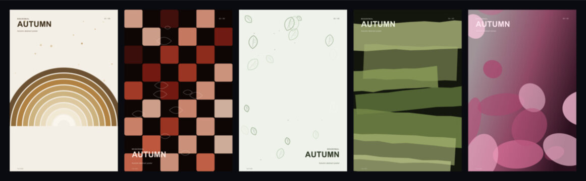 Abstract poster templates set with rainbow arches, checkerboard patterns and geometric shapes