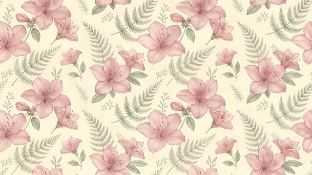 Delicate pink azalea flowers and green fern leaves seamless pattern, botanical watercolor illustration, soft pastel background, elegant floral design for fabric or wallpaper