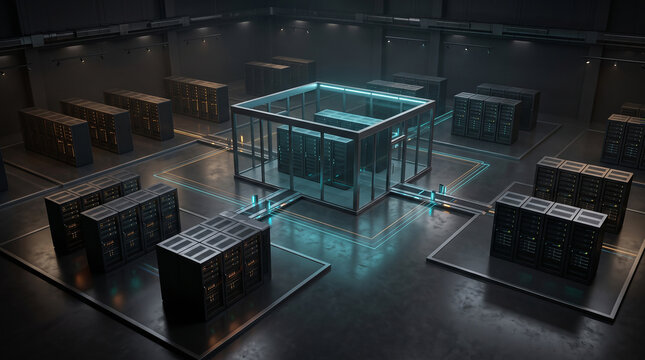 Isolated Secure Glass Cage Server Rack in Center of Modern Datacenter Facility