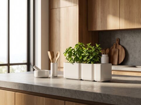 Fresh green basil and mint herbs in modular white pots on minimalist kitchen countertop with wooden accents