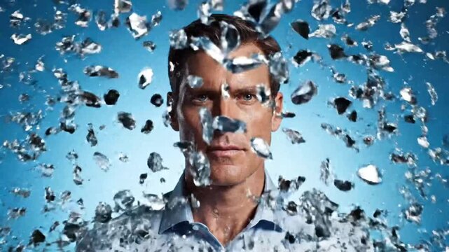 Man with face covered in broken mirror pieces on blue background